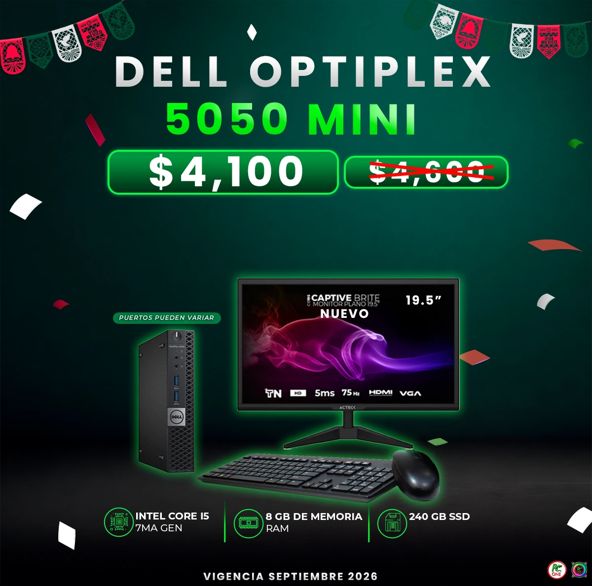 Dell Optiplex 5050 Mini i5 7th, 240Gb ssd, 8Gb RAM, Monitor Nuevo Acteck 19.5 WIFI - Imagen 2